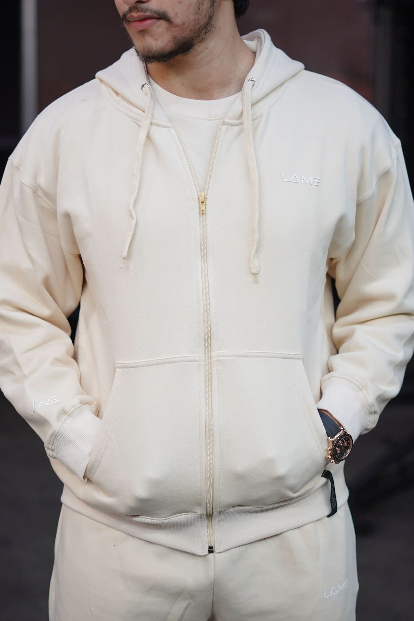 Lame Beige Zipper Hoodie Basic