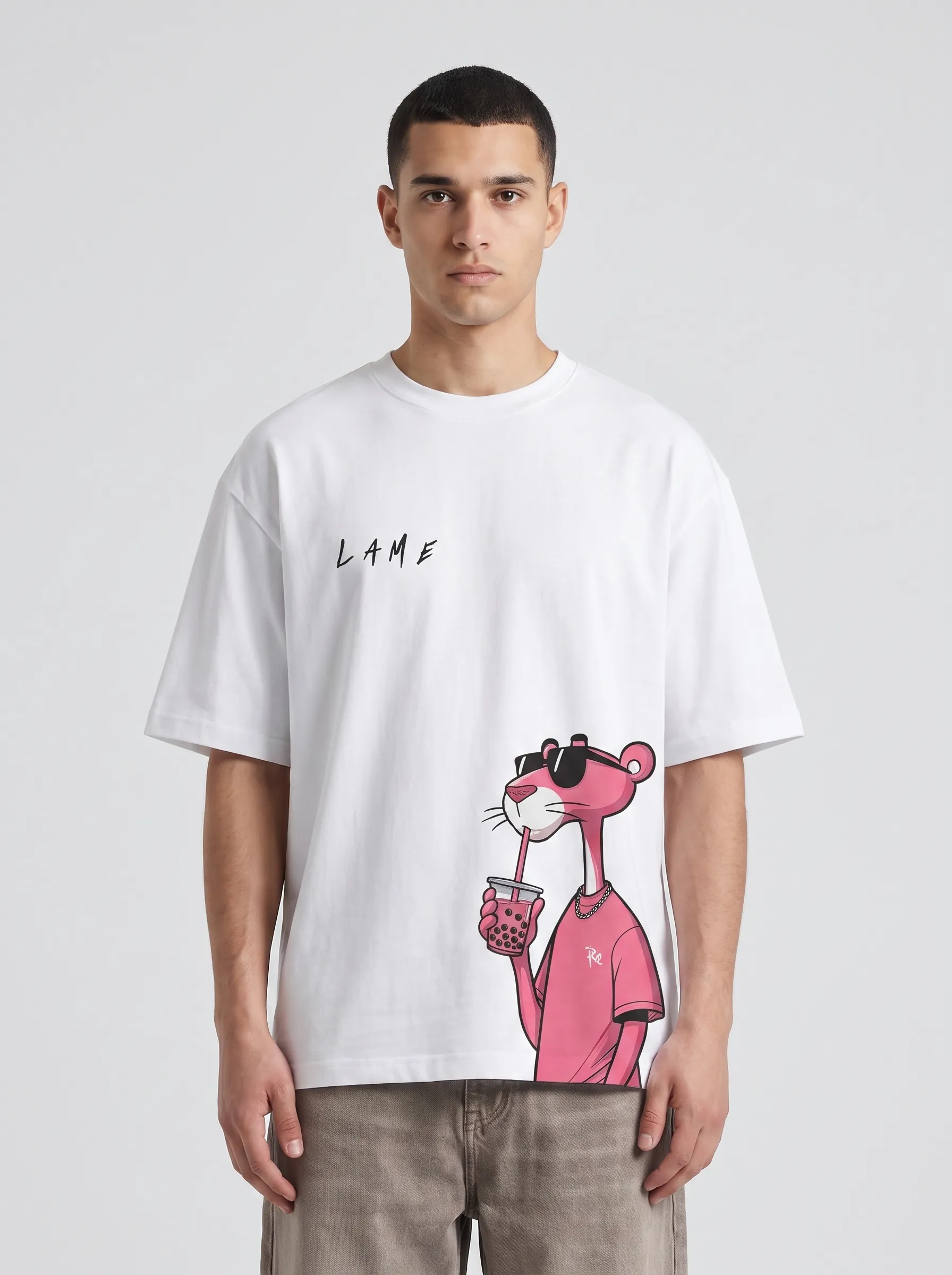 Lame — Pink Panther Boba Tee | White Oversized Graphic T-Shirt - Image 3