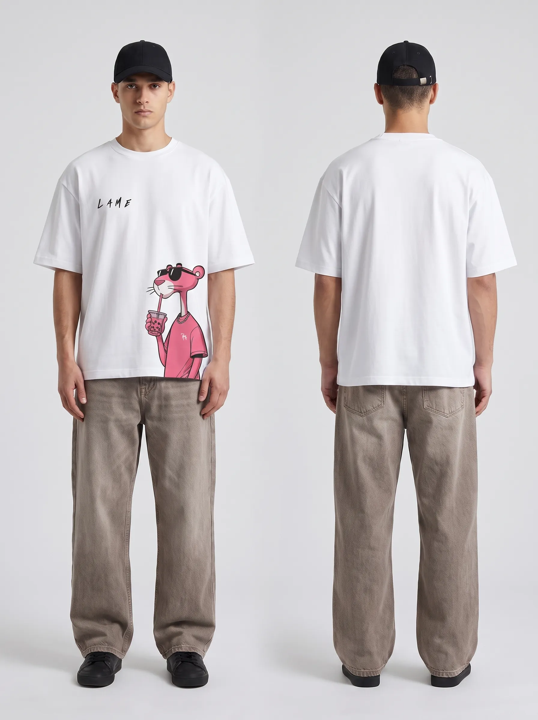 Lame — Pink Panther Boba Tee | White Oversized Graphic T-Shirt