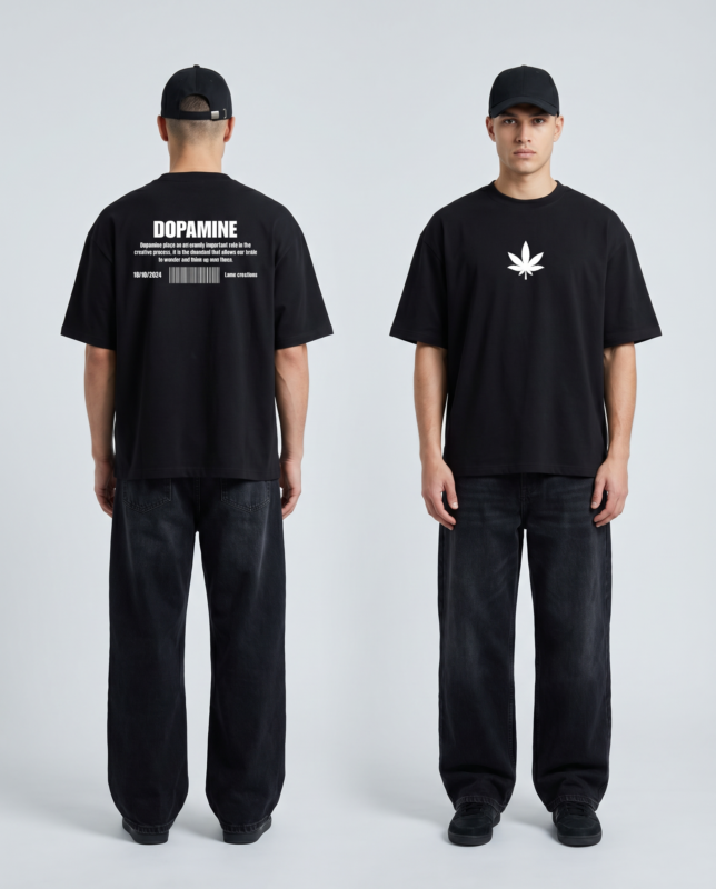 Dopamine graphic t-shirt with cannabis leaf design, casual streetwear style for men.