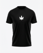 Black T-shirt with white cannabis leaf logo, casual streetwear style.