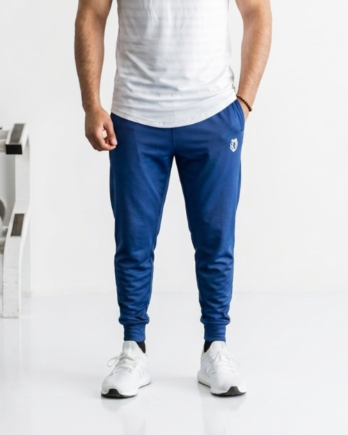 Men's blue joggers with elastic waistband and tapered fit.