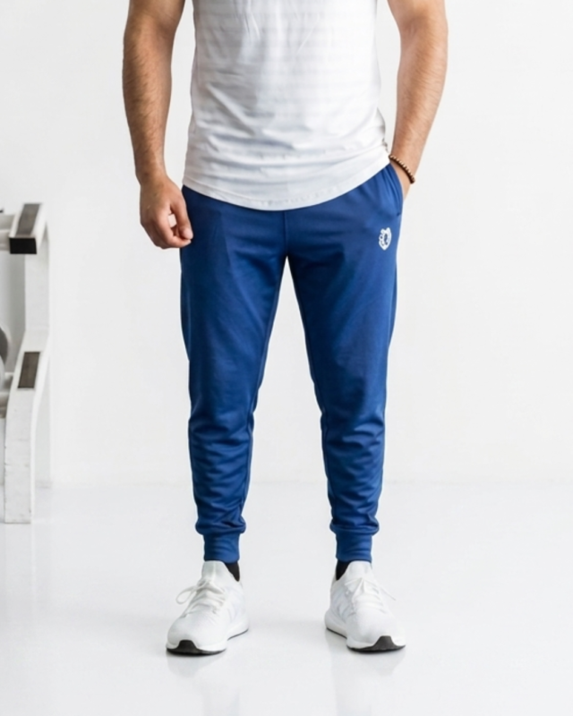 Men's blue joggers with elastic waistband and tapered fit.