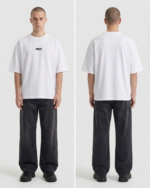 Plain white oversized T-shirt with 'LAME' logo, front and back view.