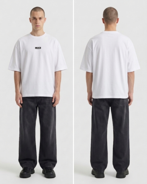 Plain white oversized T-shirt with 'LAME' logo, front and back view.