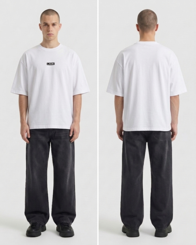 Plain white oversized T-shirt with 'LAME' logo, front and back view.