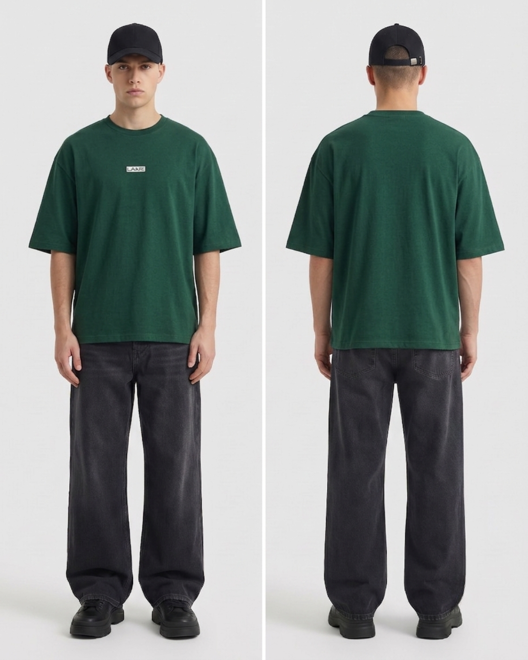 Men's green oversized t-shirt with small logo, paired with black jeans and cap.