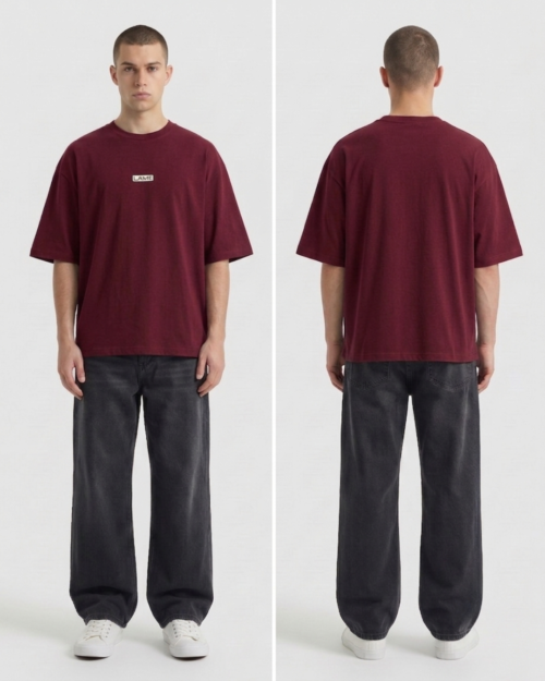 Men's maroon plain tee shirt from lame.pk, front and back view.