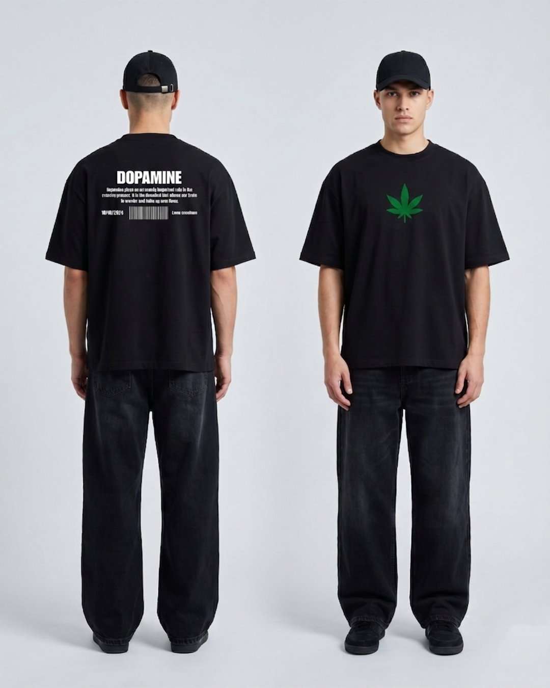 Black Goku Tee with green leaf design and text on back, casual streetwear style.