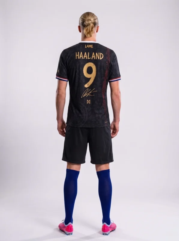 Back view of Norway Haaland football jersey with number 9 and signature.