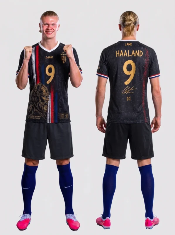 Haaland Norway Vikings football jersey with number 9 and lion emblem.
