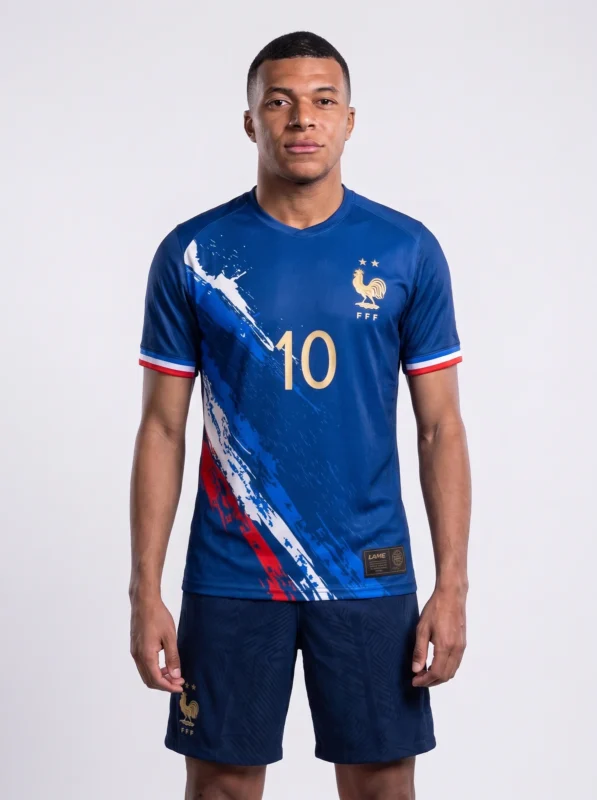 France national team jersey with Mbappe number 10 and rooster emblem.