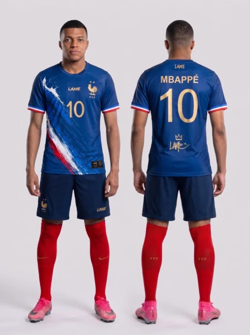 France Mbappe jersey with number 10, blue color, and French flag accents.