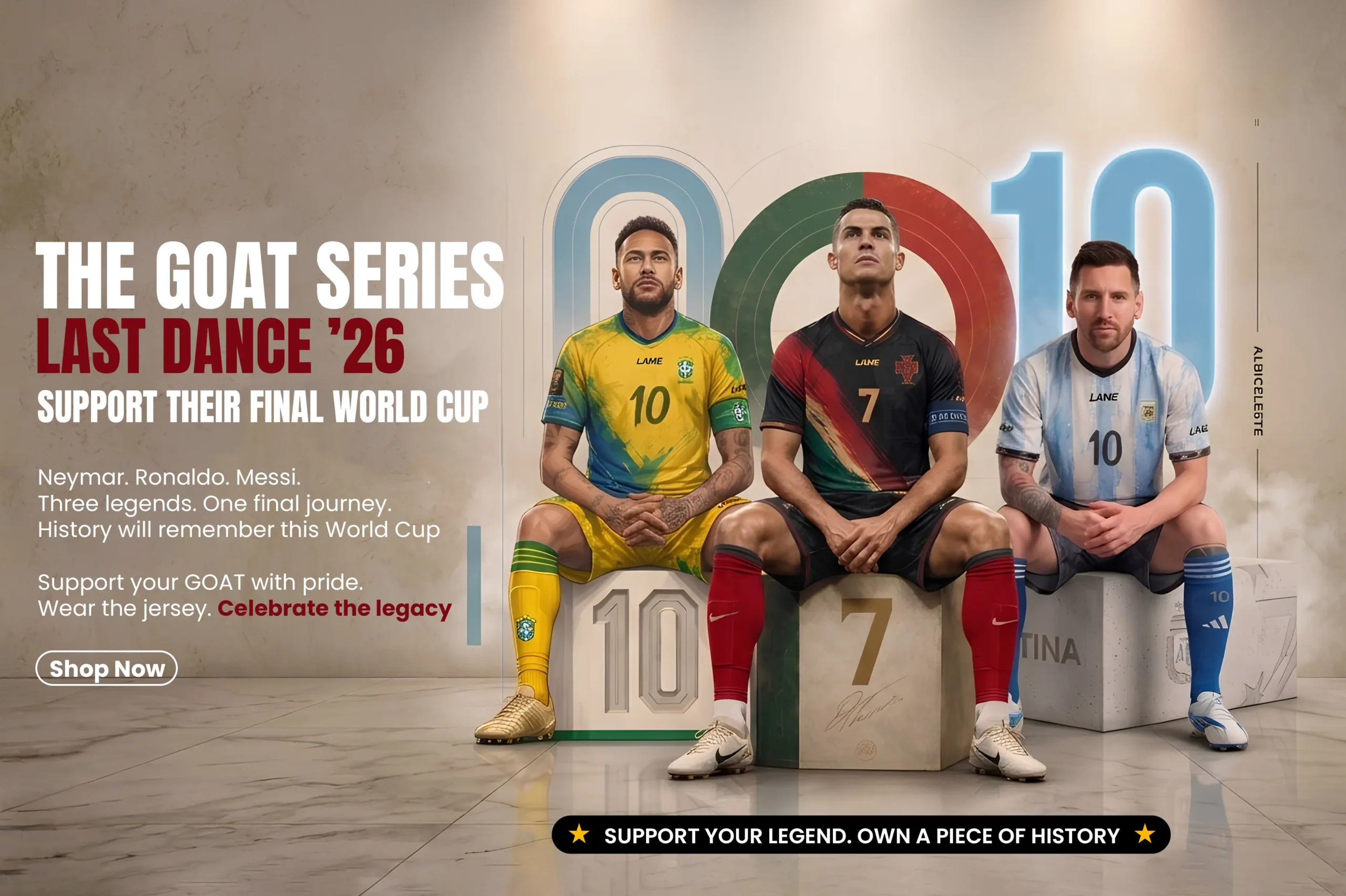 Three football legends Neymar, Ronaldo, and Messi in iconic jerseys for The GOAT Series Last Dance.
